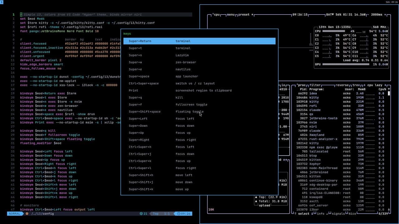i3 desktop in the Hyper theme: LazyVim, btop and the keybind cheatsheet on a black background.